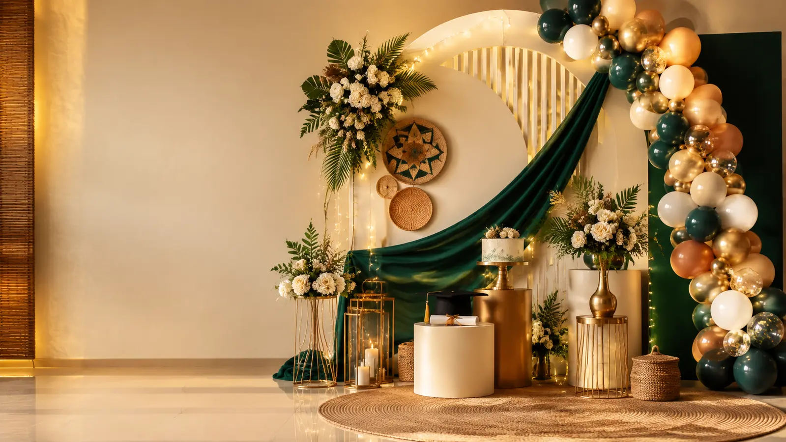 Décoration élégante vert émeraude, ivoire et doré proposée par EGS Events & Déco