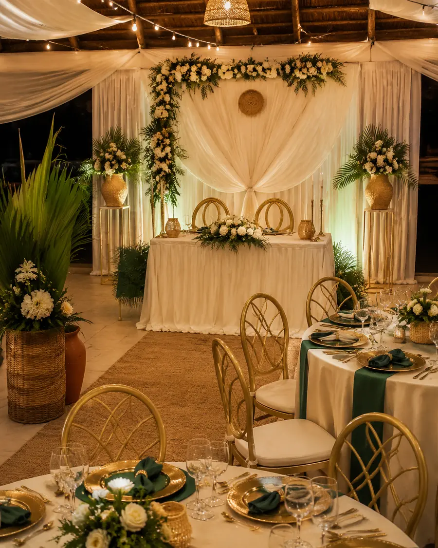 Inspiration de décoration de mariage ivoire, vert et doré