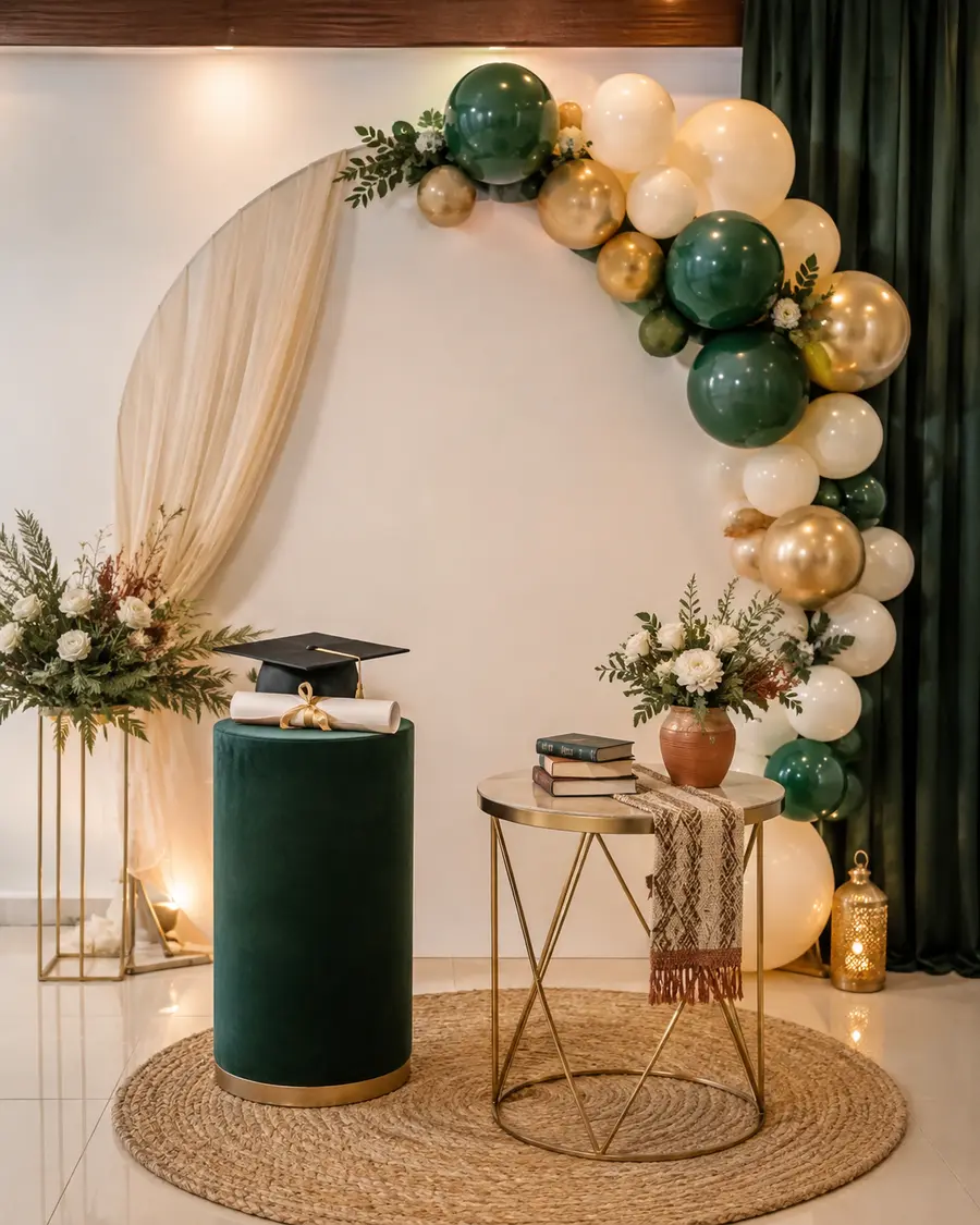 Inspiration de décoration de soutenance vert, ivoire et doré